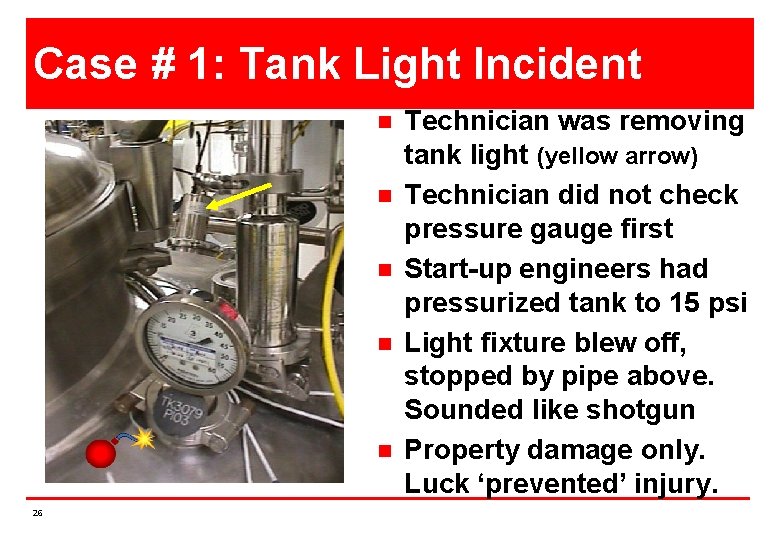 Case # 1: Tank Light Incident n n n 26 Technician was removing tank