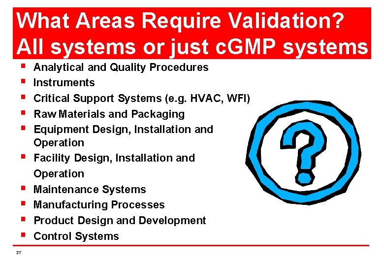 What Areas Require Validation? All systems or just c. GMP systems § § §