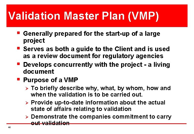 Validation Master Plan (VMP) § § Generally prepared for the start-up of a large