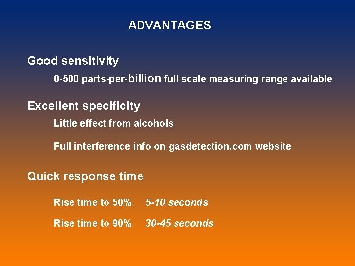 ADVANTAGES Good sensitivity 0 -500 parts-per-billion full scale measuring range available Excellent specificity Little