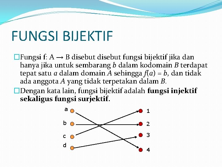 FUNGSI BIJEKTIF �Fungsi f: A → B disebut fungsi bijektif jika dan hanya jika FUNGSI BIJEKTIF �Fungsi f: A → B disebut fungsi bijektif jika dan hanya jika