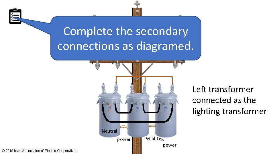 Complete the secondary connections as diagramed. Left transformer connected as the lighting transformer Neutral