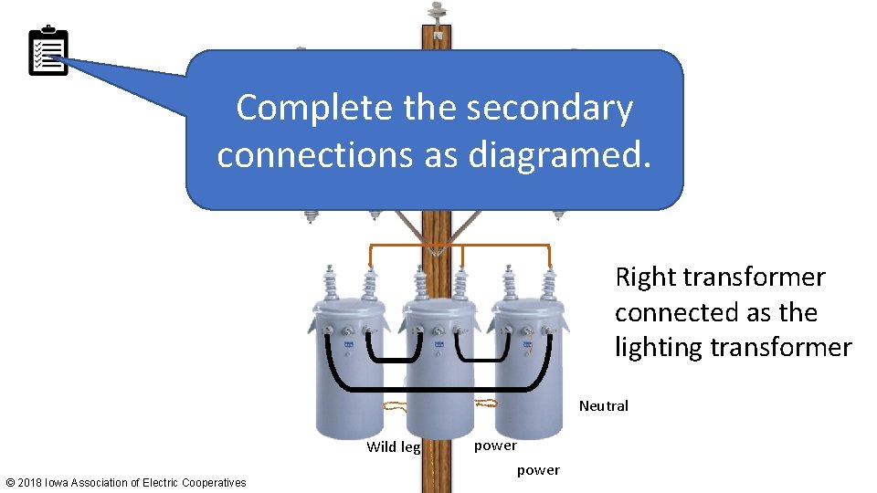 Complete the secondary connections as diagramed. Right transformer connected as the lighting transformer Neutral