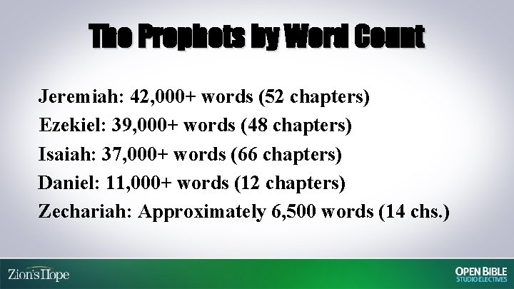 The Prophets by Word Count Jeremiah: 42, 000+ words (52 chapters) Ezekiel: 39, 000+