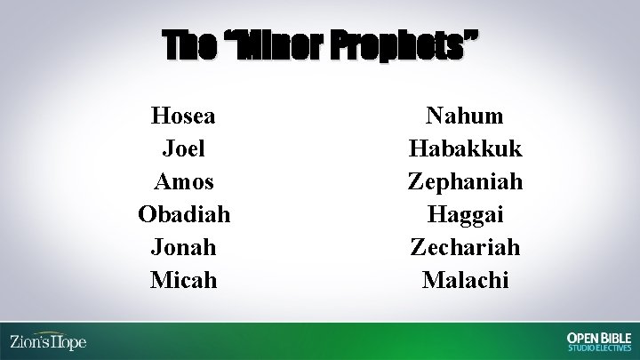 The “Minor Prophets” Hosea Joel Amos Obadiah Jonah Micah Nahum Habakkuk Zephaniah Haggai Zechariah