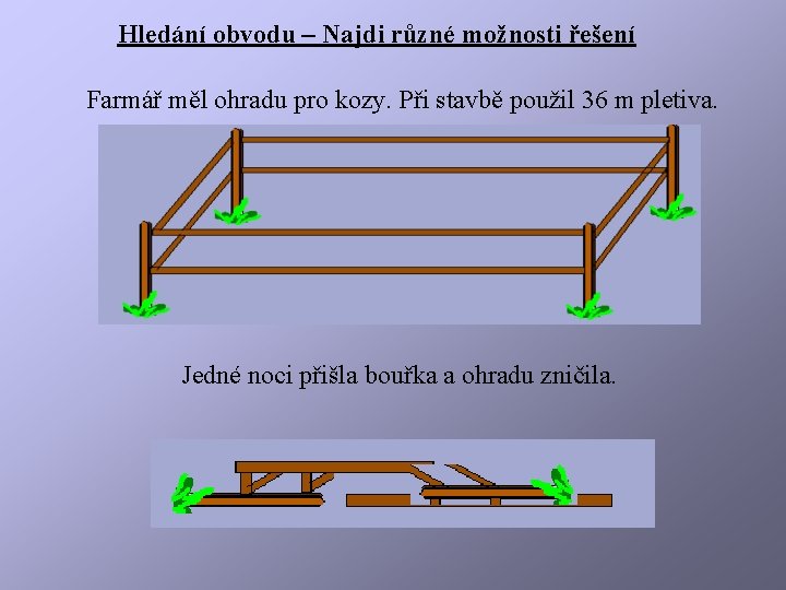 Hledání obvodu – Najdi různé možnosti řešení Farmář měl ohradu pro kozy. Při stavbě