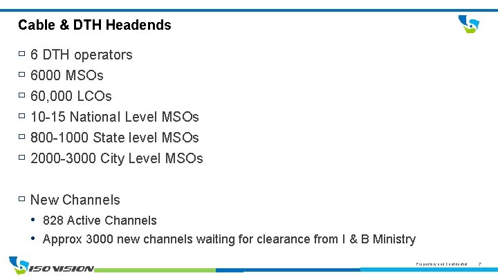 Cable & DTH Headends 6 DTH operators 6000 MSOs 60, 000 LCOs 10 -15
