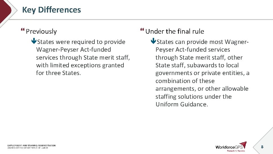Key Differences Previously States were required to provide Wagner-Peyser Act-funded services through State merit