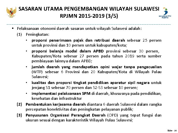 SASARAN UTAMA PENGEMBANGAN WILAYAH SULAWESI RPJMN 2015 -2019 (3/5) § Pelaksanaan otonomi daerah sasaran SASARAN UTAMA PENGEMBANGAN WILAYAH SULAWESI RPJMN 2015 -2019 (3/5) § Pelaksanaan otonomi daerah sasaran