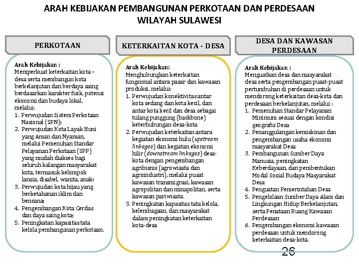 ARAH KEBIJAKAN PEMBANGUNAN PERKOTAAN DAN PERDESAAN WILAYAH SULAWESI PERKOTAAN KETERKAITAN KOTA - DESA Arah ARAH KEBIJAKAN PEMBANGUNAN PERKOTAAN DAN PERDESAAN WILAYAH SULAWESI PERKOTAAN KETERKAITAN KOTA - DESA Arah