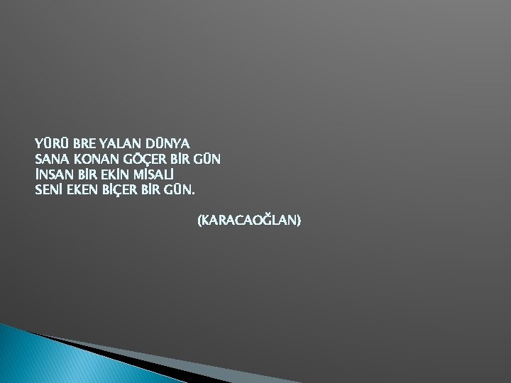 YÜRÜ BRE YALAN DÜNYA SANA KONAN GÖÇER BİR GÜN İNSAN BİR EKİN MİSALİ SENİ