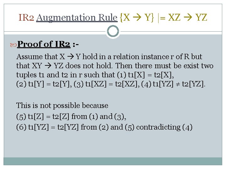 IR 2 Augmentation Rule {X Y} |= XZ YZ Proof of IR 2 :