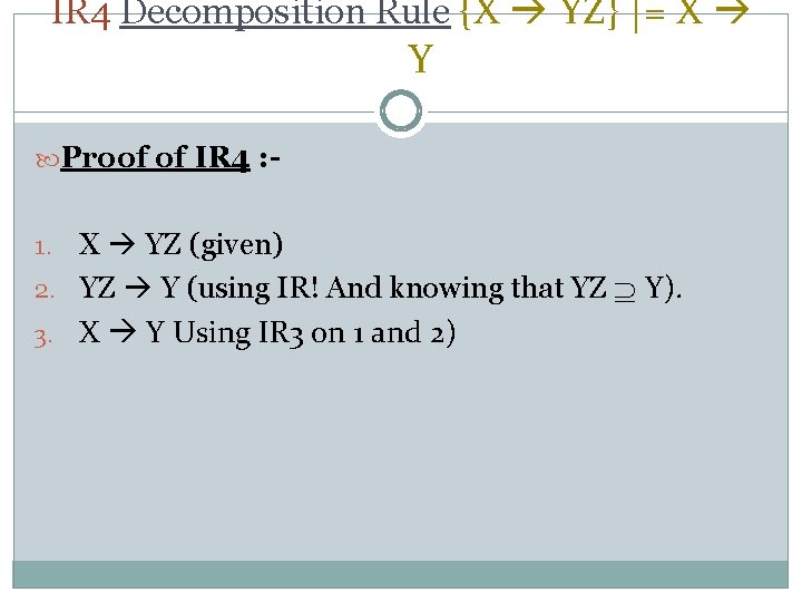 IR 4 Decomposition Rule {X YZ} |= X Y Proof of IR 4 :