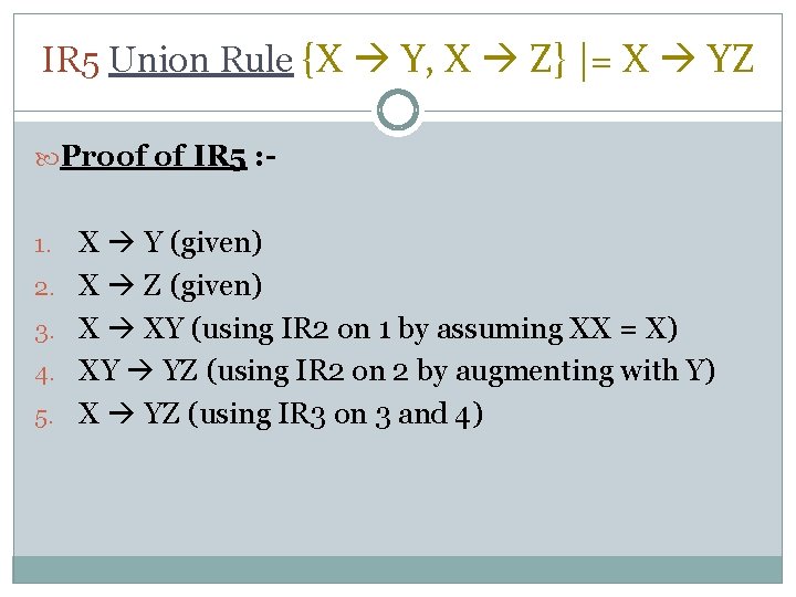 IR 5 Union Rule {X Y, X Z} |= X YZ Proof of IR