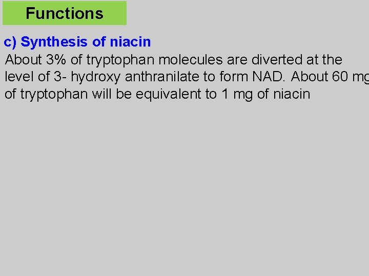 Functions c) Synthesis of niacin About 3% of tryptophan molecules are diverted at the