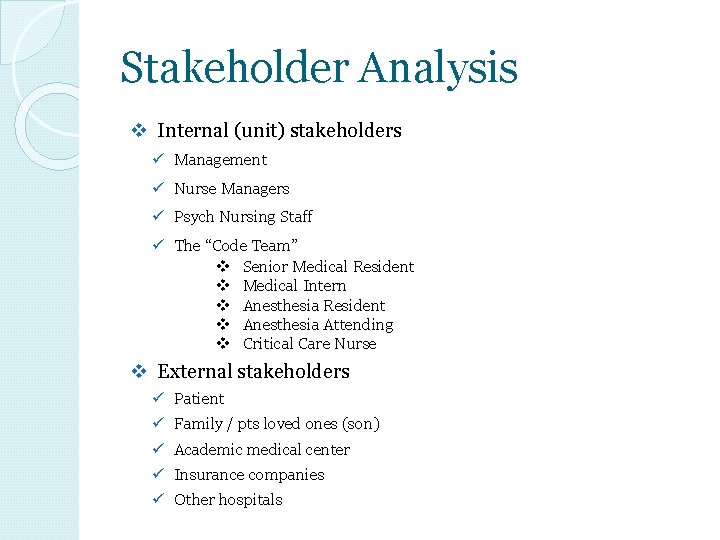 Stakeholder Analysis v Internal (unit) stakeholders ü Management ü Nurse Managers ü Psych Nursing