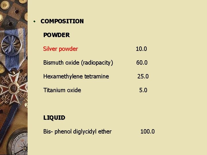 w COMPOSITION POWDER Silver powder 10. 0 Bismuth oxide (radiopacity) 60. 0 Hexamethylene tetramine