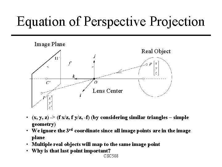 Equation of Perspective Projection Image Plane Real Object Lens Center • (x, y, z)