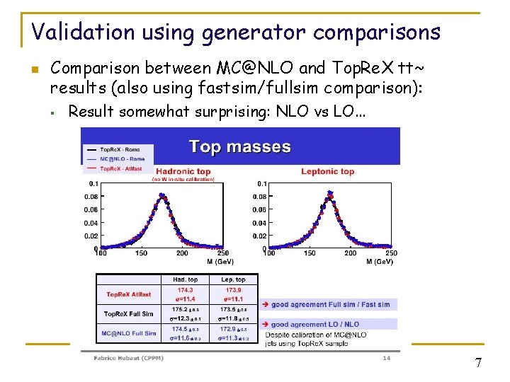 Validation using generator comparisons n Comparison between MC@NLO and Top. Re. X tt~ results