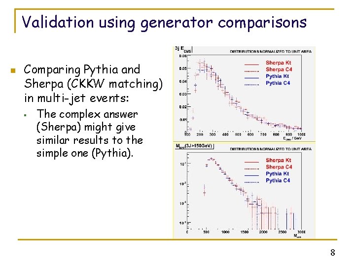 Validation using generator comparisons n Comparing Pythia and Sherpa (CKKW matching) in multi-jet events: