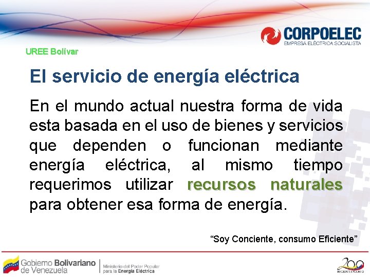 UREE Bolívar El servicio de energía eléctrica En el mundo actual nuestra forma de
