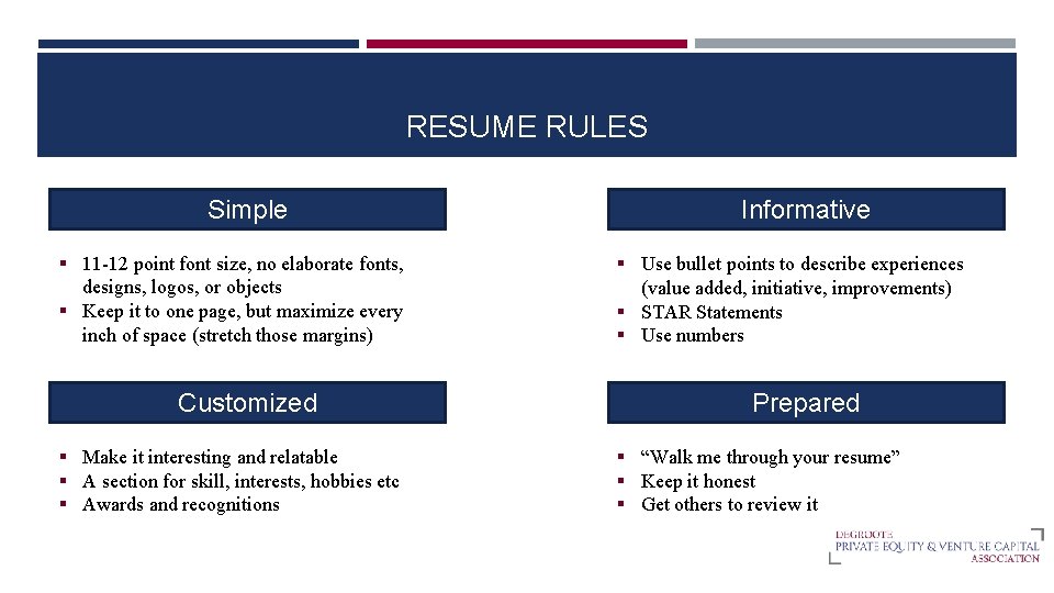 RESUME RULES Simple § 11 -12 point font size, no elaborate fonts, designs, logos,