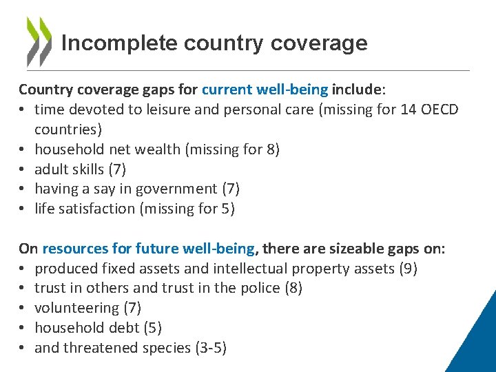 Incomplete country coverage Country coverage gaps for current well-being include: • time devoted to