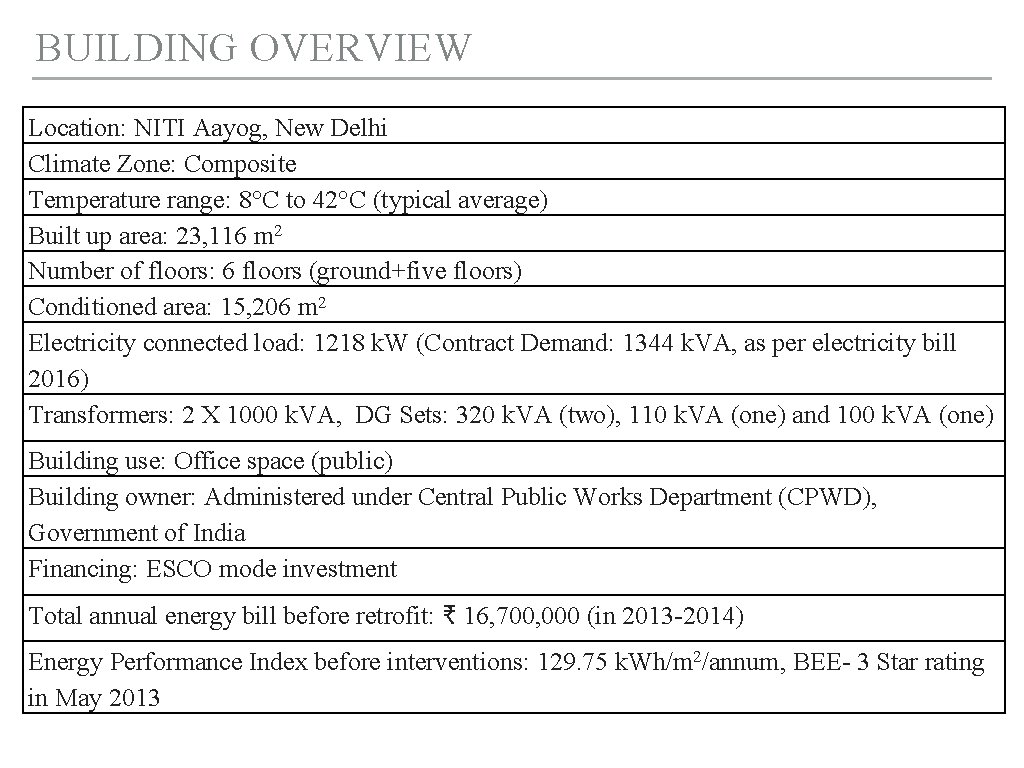 BUILDING OVERVIEW Location: NITI Aayog, New Delhi Climate Zone: Composite Temperature range: 8°C to