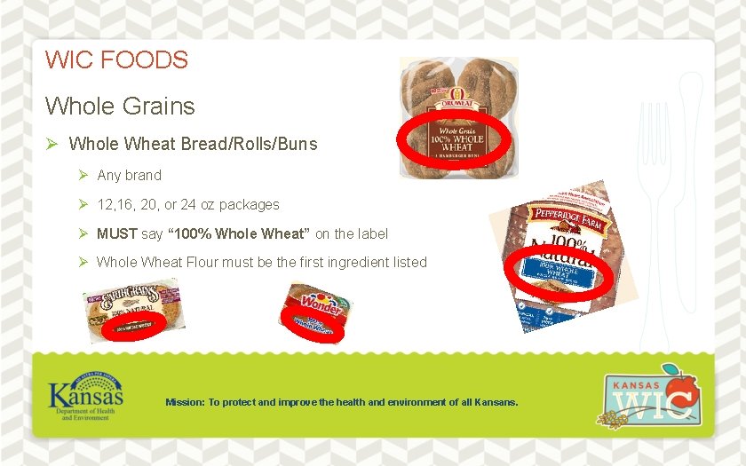 WIC FOODS Whole Grains Ø Whole Wheat Bread/Rolls/Buns Ø Any brand Ø 12, 16,