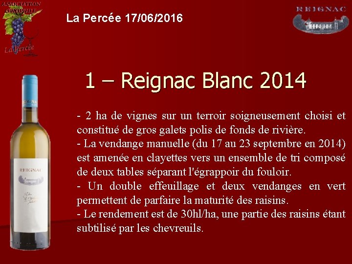 La Percée 17/06/2016 1 – Reignac Blanc 2014 - 2 ha de vignes sur