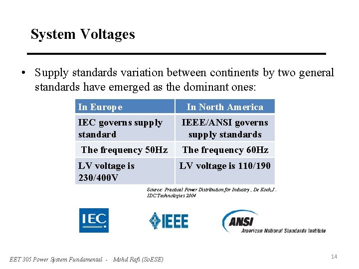 System Voltages • Supply standards variation between continents by two general standards have emerged