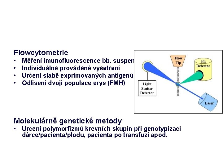 Flowcytometrie • • Měření imunofluorescence bb. suspenze Individuálně prováděné vyšetření Určení slabě exprimovaných antigenů