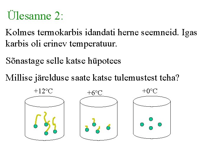 Ülesanne 2: Kolmes termokarbis idandati herne seemneid. Igas karbis oli erinev temperatuur. Sõnastage selle