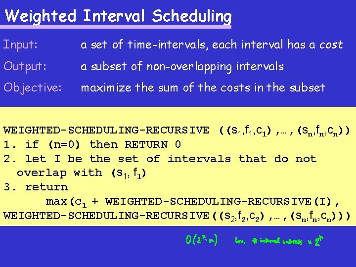 Weighted Interval Scheduling Input: a set of time-intervals, each interval has a cost Output: