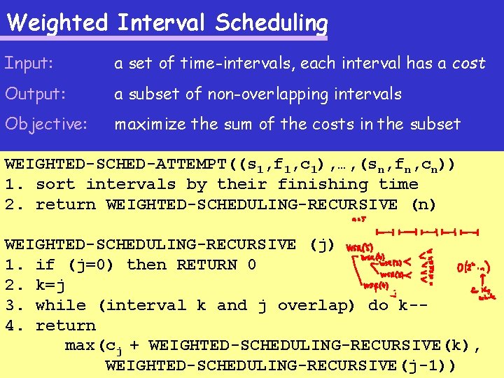 Weighted Interval Scheduling Input: a set of time-intervals, each interval has a cost Output: