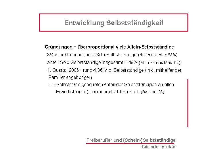 Entwicklung Selbstständigkeit Gründungen = überproportional viele Allein-Selbstständige 3/4 aller Gründungen = Solo-Selbstständige (Nebenerwerb =