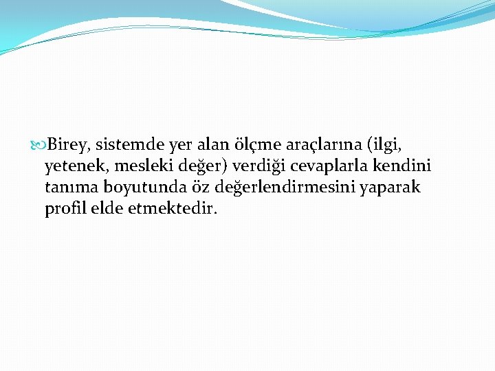  Birey, sistemde yer alan ölçme araçlarına (ilgi, yetenek, mesleki değer) verdiği cevaplarla kendini