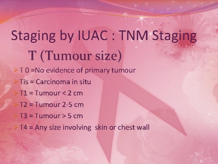 Staging by IUAC : TNM Staging T (Tumour size) Ø T 0 =No evidence
