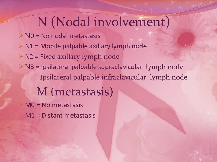  N (Nodal involvement) Ø N 0 = No nodal metastasis Ø N 1