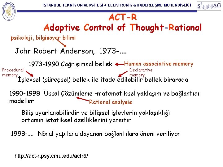 İSTANBUL TEKNİK ÜNİVERSİTESİ ♦ ELEKTRONİK & HABERLEŞME MÜHENDİSLİĞİ ACT-R Adaptive Control of Thought-Rational psikoloji,