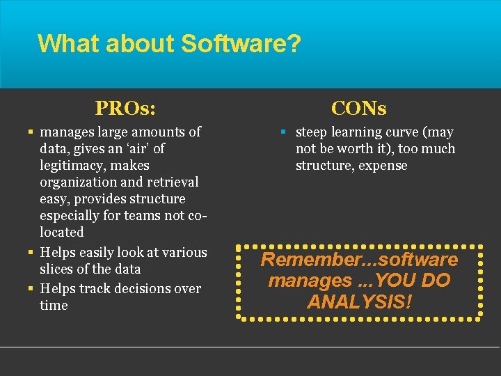 What about Software? PROs: § manages large amounts of data, gives an ‘air’ of