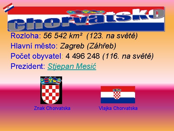 Rozloha: 56 542 km² (123. na světě) Hlavní město: Zagreb (Záhřeb) Počet obyvatel: 4