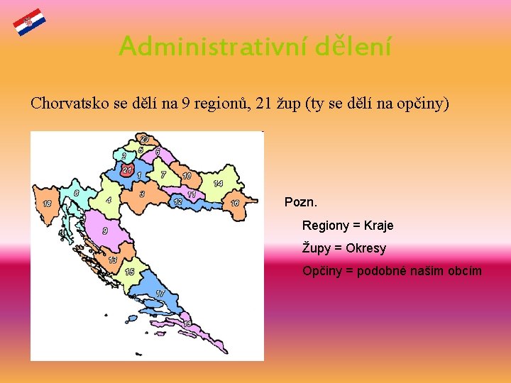 Administrativní dělení Chorvatsko se dělí na 9 regionů, 21 žup (ty se dělí na