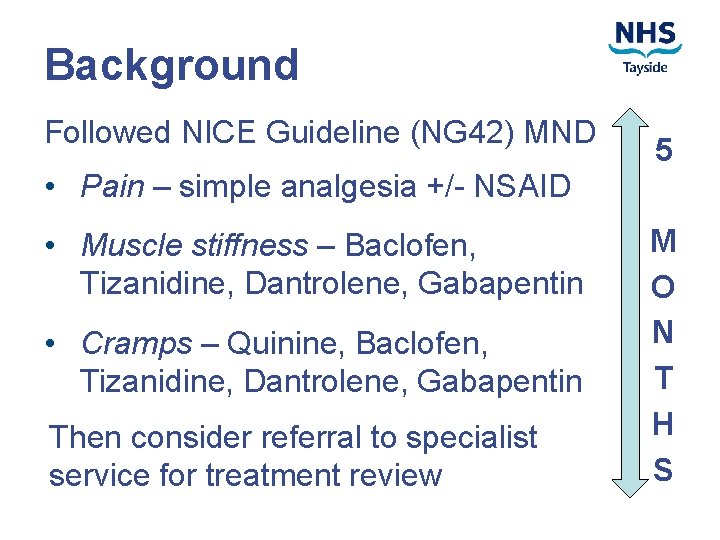 Background Followed NICE Guideline (NG 42) MND 5 • Pain – simple analgesia +/-