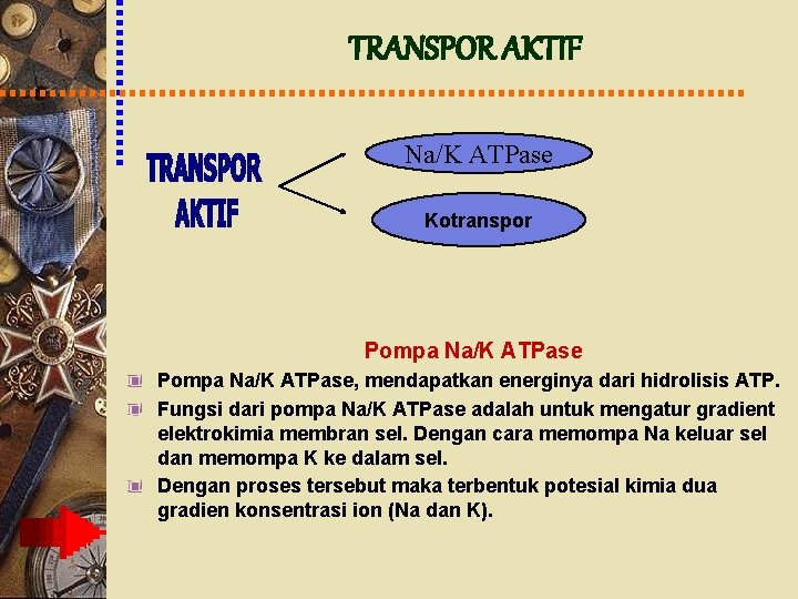 TRANSPOR AKTIF Na/K ATPase Kotranspor Pompa Na/K ATPase, mendapatkan energinya dari hidrolisis ATP. Fungsi