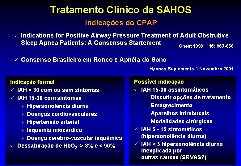 Tratamento Clínico da SAHOS Indicações do CPAP ü Indications for Positive Airway Pressure Treatment