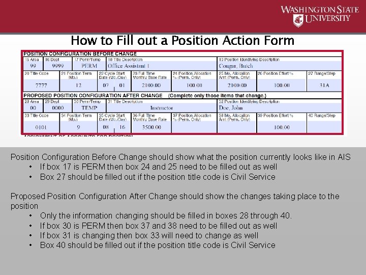 How to Fill out a Position Action Form Position Configuration Before Change should show