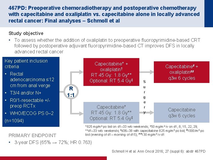 467 PD: Preoperative chemoradiotherapy and postoperative chemotherapy with capecitabine and oxaliplatin vs. capecitabine alone