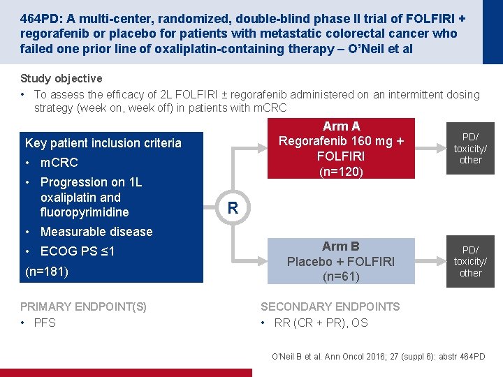 464 PD: A multi-center, randomized, double-blind phase II trial of FOLFIRI + regorafenib or