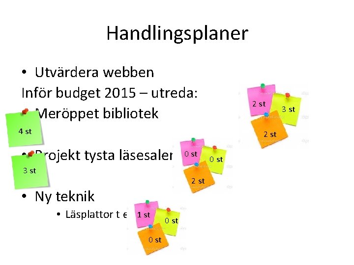 Handlingsplaner • Utvärdera webben Inför budget 2015 – utreda: • Meröppet bibliotek 2 st